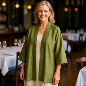 Maggy London Woman 100% Silk Kimono Jacket 16W Green Open Front Duster Pockets